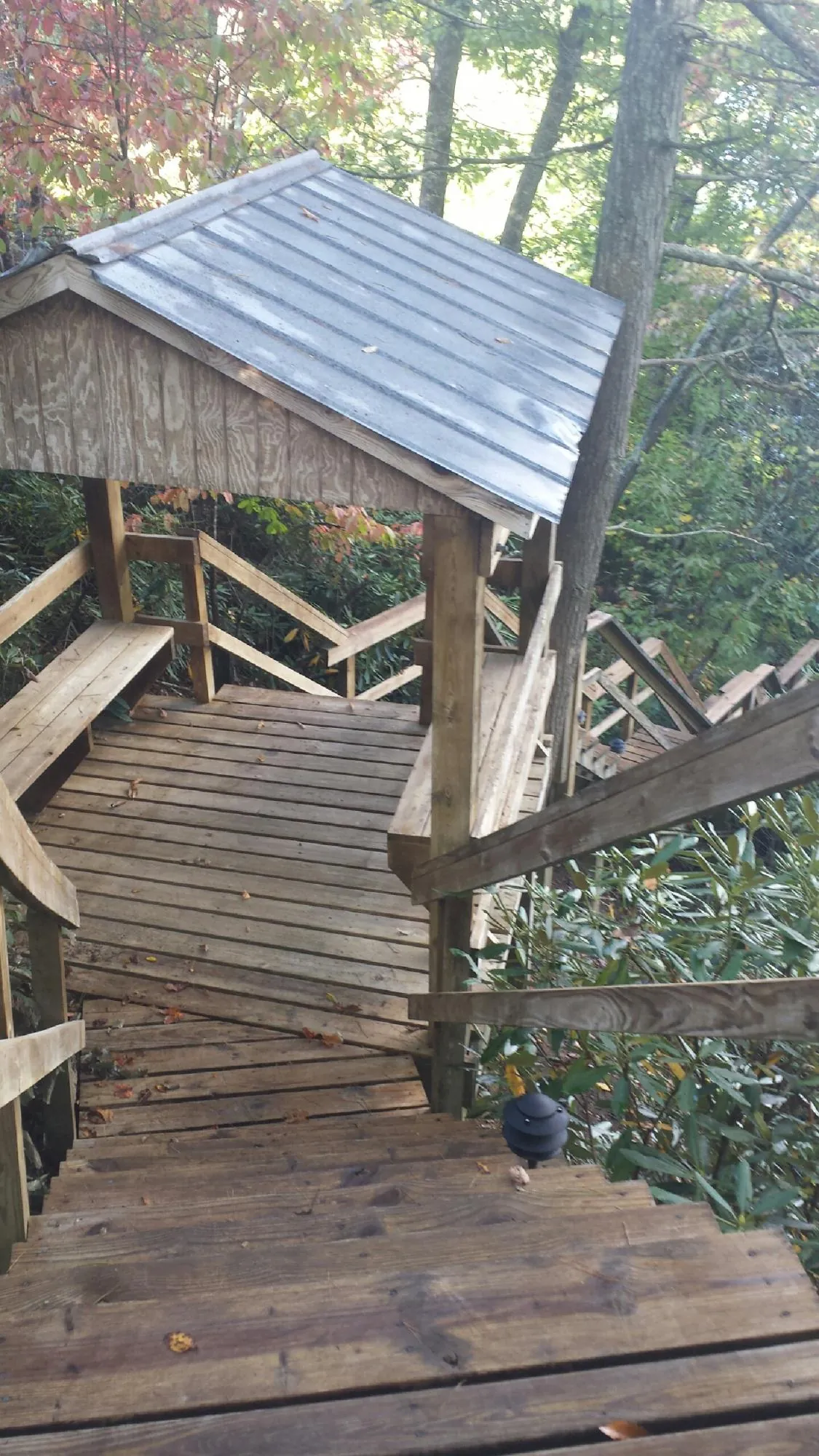 Metal roofed shelter over wooden steps on a wooded walkway — Skylight Repair & Installation work by our crew in Wheatcroft